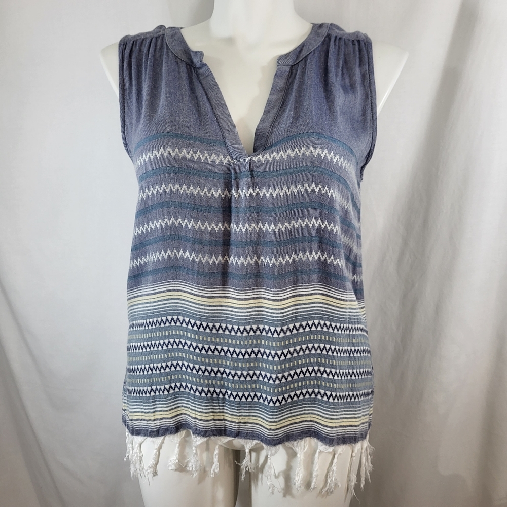 Dylan Sleeveless TOP Blue White Stripe Tunic Womens Size Medium M Fringe Tassels
